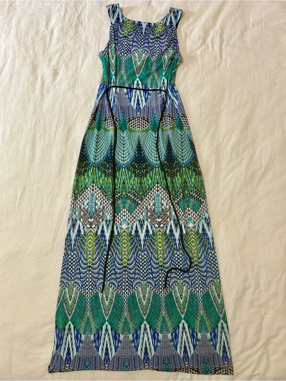 Dressbarn Geometric Mesh Neckline Maxi Dress Size 6 Teal Green